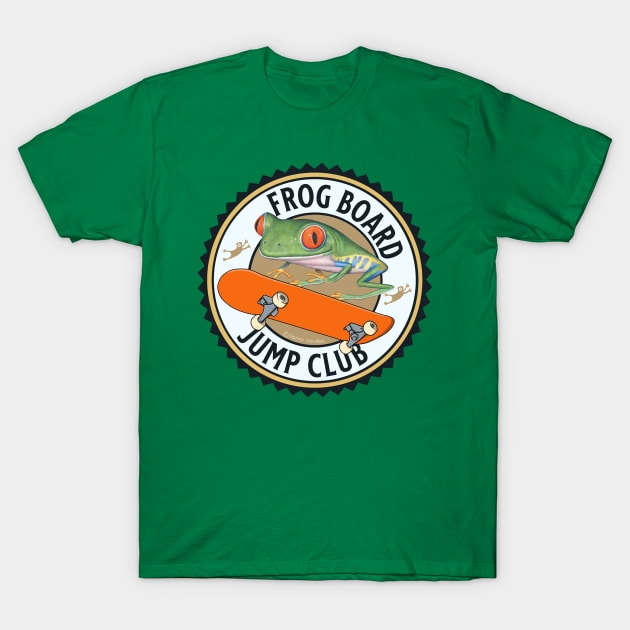 Cute and funny frog riding a skateboard for this red eyed tree frog is in the jump club tee T-Shirt by Danny Gordon Art